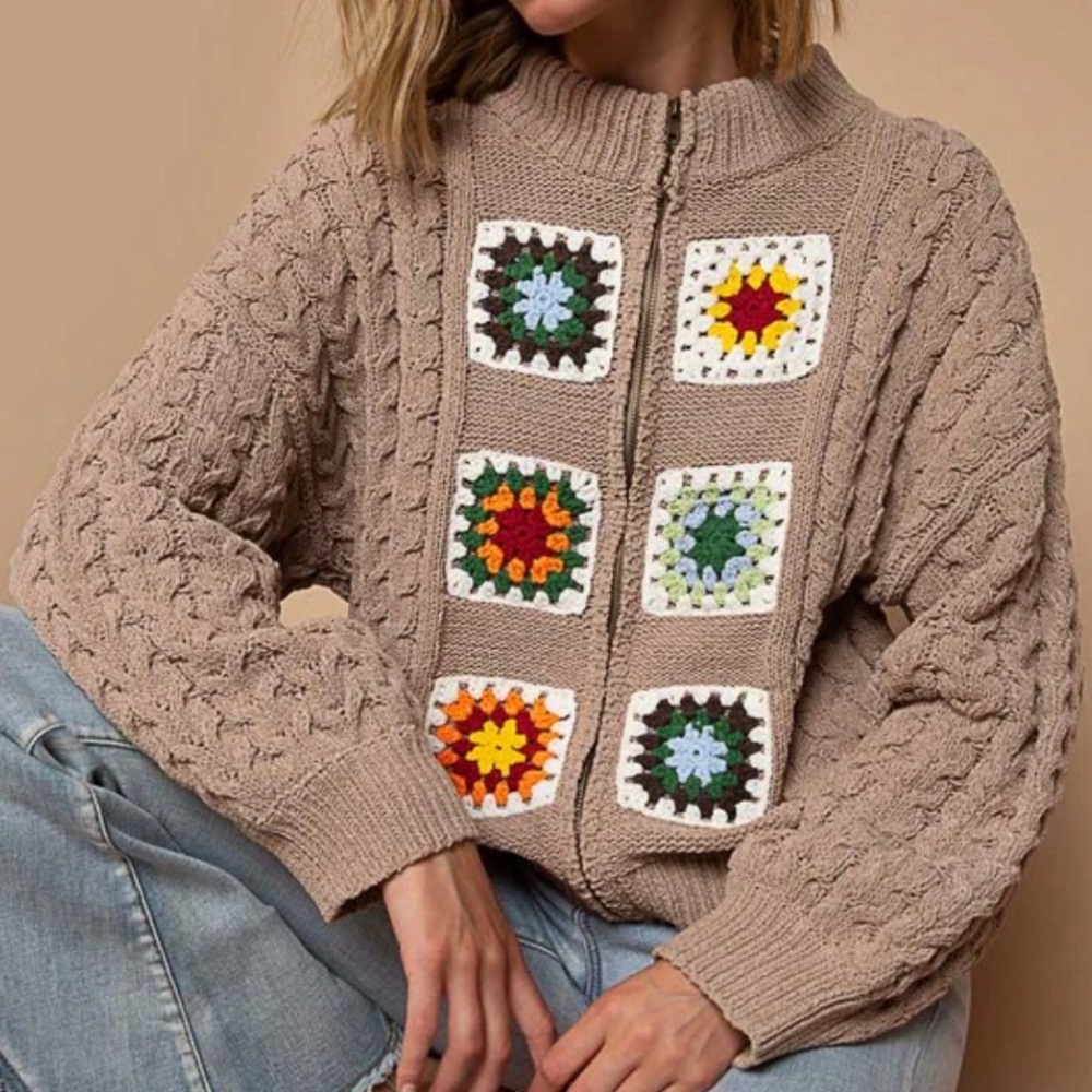POL Crochet Patchwork Cardigan - Brown